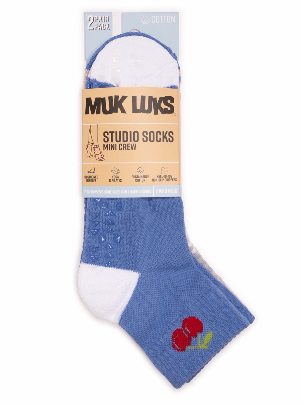 Muk Luks Blue Mini Crew Studio Socks with Red Floral Accent - 2 Pack